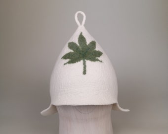 Sauna hat with cannabis leaf- Handmade felt boiled wool white cap bathhouse accessory