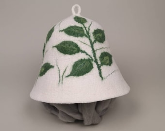 Natural white wool bell shaped sauna cap, handmade felted hat, decorated green leaves, useful beautiful gift for sauna lover cozy woolen hat