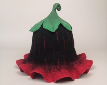 Black flower hat- hand felted festival hat, wool sauna cap, witch hat, fairy hat, boiled wool hat, handmade wet felting hat, costume hat