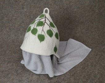 Handmade Merino Wool Sauna Hat: Felted White Cap with Green Leaves