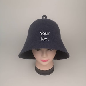 Personalized gift sauna hat; charcoal color hat; natural wool hand felt sauna cap with custom text; men&#39;s sauna hat