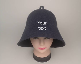 Personalized gift sauna hat; charcoal color hat; natural wool hand felt sauna cap with custom text; men's sauna hat