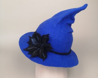 Blue Witchy Hat, Unique handmade felt blue wizard hat, magical hat, festival fantasy hat