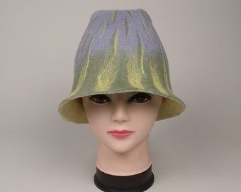 Handmade felt pixie sauna hat, size S, 6 3/4 Ready to ship Gray with yellow woolen top hat