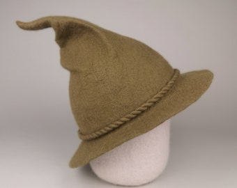 Wizard Hat - Handmade felt Olive Green Witch, Black Magic Hat