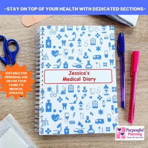 May include: A white spiral bound notebook with a blue and white medical themed pattern. The cover has a red rectangle with the text "Jessica's Medical Diary".