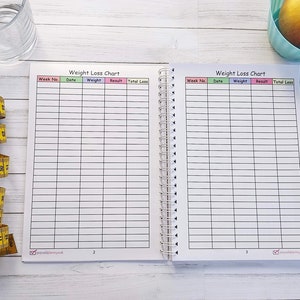 Page inside weight loss journal- Weight loss chart asking for week no., date, weight, result and total loss.