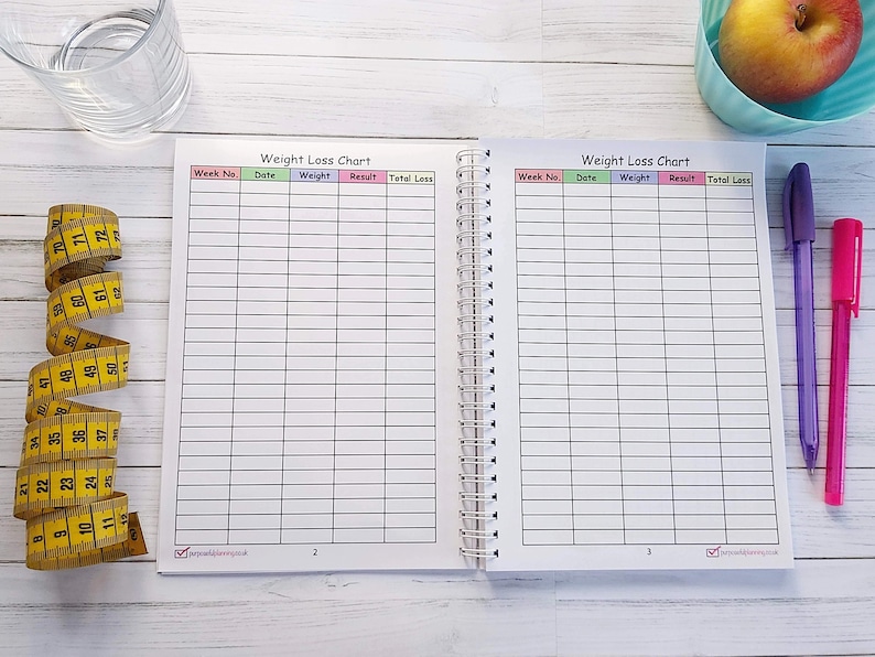 Page inside weight loss journal- Weight loss chart asking for week no., date, weight, result and total loss.