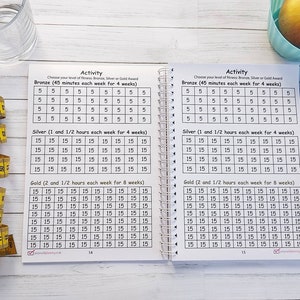 Page inside weight loss journal: Activity sheets, separated into three sections- Bronze, silver and gold.Boxes in each section to mark off each 5 or 15 minutes completed.