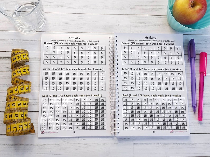 Page inside weight loss journal: Activity sheets, separated into three sections- Bronze, silver and gold.Boxes in each section to mark off each 5 or 15 minutes completed.