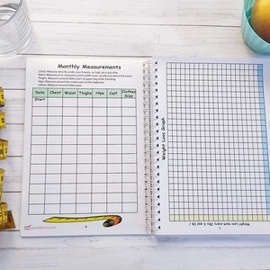 Pages inside the weight loss journal: Monthly measurements- Chart asking for date, chest, waist, thighs, hips, calf and clothes size. Weight Loss Graph- mark off every 1 or 2 lbs lost each week.