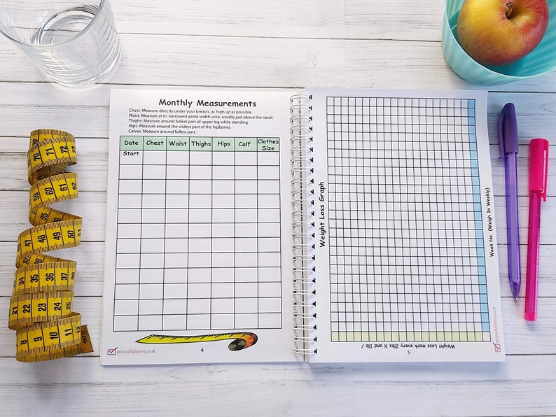 Pages inside the weight loss journal: Monthly measurements- Chart asking for date, chest, waist, thighs, hips, calf and clothes size. Weight Loss Graph- mark off every 1 or 2 lbs lost each week.