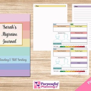 May include: A colorful A5 size journal with a spiral binding. The cover features the text "Sarah's Migraine Journal" and the phrase "Still Standing & Still Smiling".