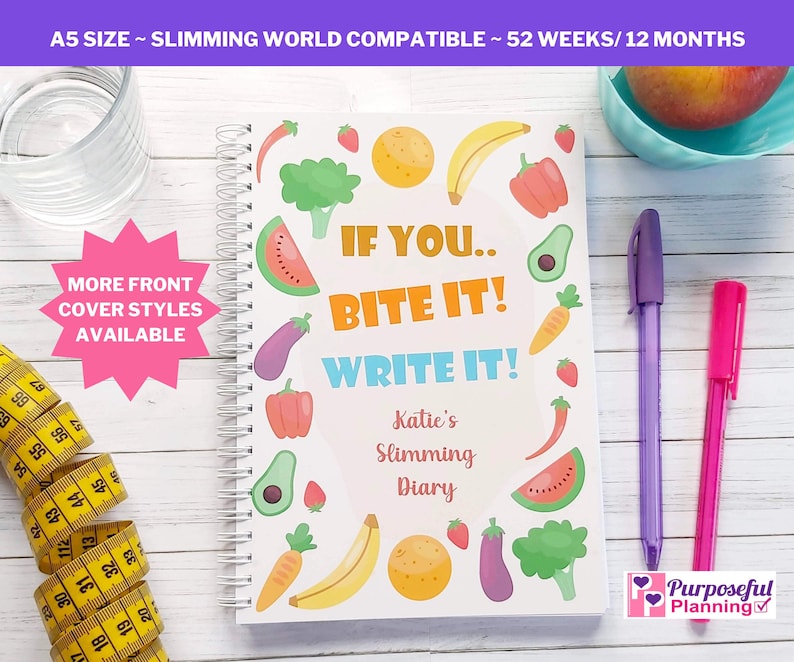 Weight Loss Journal ~  Diet Diary. Slimming World Compatible. A5 Size wire bound notebook. Title: If you..Bite It! Write It! Personalised with your name. Fruit and Veg all over the cover.