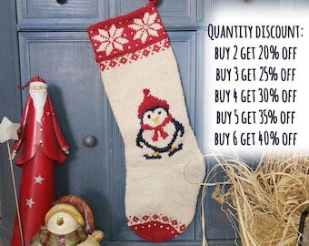 Christmas Stocking with Penguin, Knit Christmas Stocking, xmas Christmas Stockings, FairTrade Christmas Stocking Handmade Christmas Stocking