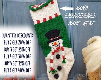 Personalized Hand Knit Christmas Stocking With Snowman, Knitted Christmas Stockings, Knit X-mas Stocking with Snowman, Fair Trade Xmas