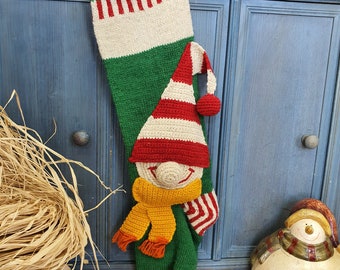 Hand Knit Christmas Stocking With Applique Elf, Knitted Christmas Stockings, Knit X-mas Stocking with Elf, Fair Trade Xmas, Elf Scout