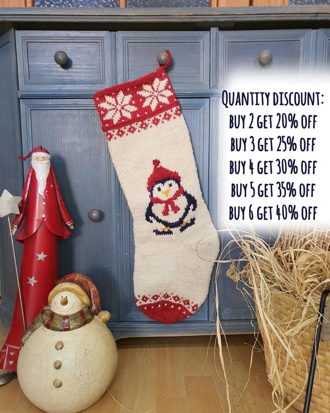 Christmas Stocking With Penguin, Knit Christmas Stocking, Xmas