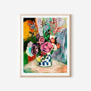 Vintage French artwork with colourful pink flowers in blue vase by Henri Matisse, Antique wall art print floral still life painting
