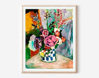 Vintage French artwork with colourful pink flowers in blue vase by Henri Matisse, Antique wall art print floral still life painting