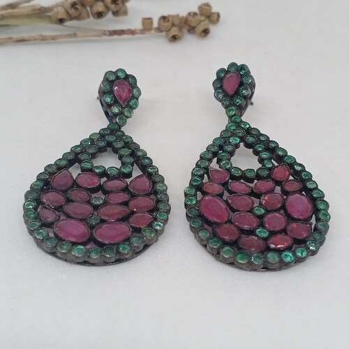 Shops Ruby And Emerald Earring In .925 Sterling Silver