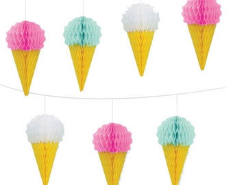 Icecream garland, ice cream bunting, Honeycomb banner, aloha, Hawaii, Birthday decor, Party, Fiesta, Taco, Summer, Garden, Tropical