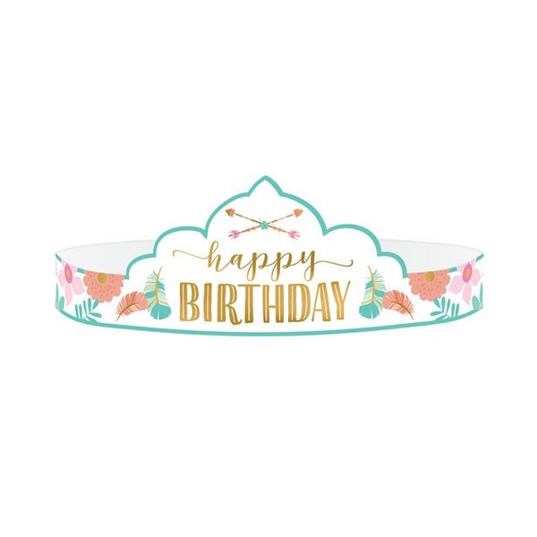 Happy Birthday Party Tiaras,  Boho, Florals, Birthday Decor, Happy 30, Happy 21, Cursive, Girls Birthday, Princess, Paper Crowns