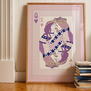 Kissing Queen of Hearts and King of Hearts playing cards Retro Wall Art, Maximalist Dopamine Decor Trendy Printable, Aesthetic Art Prints