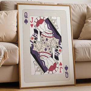 Regina di picche che bacia arte massimalista, poster di carte da gioco retrò, stampe artistiche da parete, arte estetica per la camera da letto, arte della dopamina stampabile