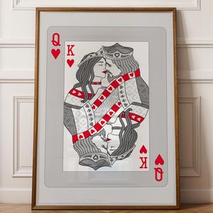 Queen of Hearts and King of Hearts Kissing playing cards Retro Wall Art, Maximalist Dopamine Decor Trendy Printable, Aesthetic Art Prints