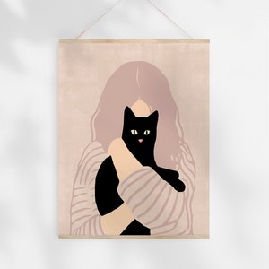 Cat and Woman Art Printable, Cat Lover Gift Instant Download, Cat Lady Wall Art Prints, Female Illustration Boho Wall Art Modern Home Decor