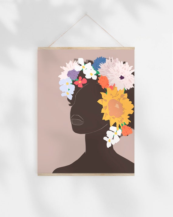 Flower Head Black Woman Art Illustration Prints Afro Wall Etsy