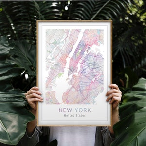 Mapa de la ciudad de Nueva York Imprimir Decoración de la pared, Modern Home Art Printable Map Descargar, Póster de mapa de Nueva York, Colorido Wall Art Prints Mapa de la ciudad personalizado