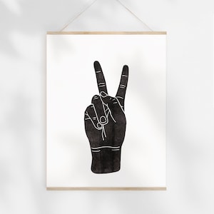 Peace Sign Hand Black and White Art Prints Digital Download Boho Poster, Minimalist Boho Wall Prints, Peace Wall Art Modern Home Decor