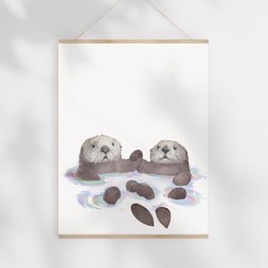 Sea Otters Holding Hands Printable Artwork, Otter Love Print, Downloadable Art, Cute Nursery Wall Decor Wilderness Art Original Drawing