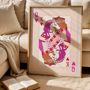 Queen and King of Hearts Kissing playing cards Retro Wall Art, Maximalist Dopamine Decor Trendy Printable, Aesthetic Bedroom Art Prints