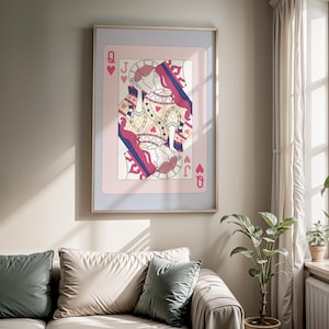 Poster da parete massimalista con carta da gioco retrò Regina di cuori, stampe da parete con bacio della regina, decorazioni estetiche per la camera da letto, decorazioni dopamine