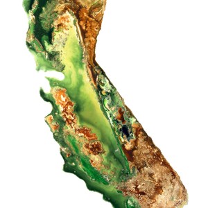 Può includere: Opera d'arte astratta raffigurante lo stato della California. L'immagine presenta una mappa della California in tonalità di verde, marrone e oro, su sfondo bianco. L'opera d'arte ha un aspetto strutturato.