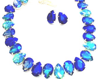 Oscar de la Renta set kristallen ketting en oorbellen 16" oren 3/4" GROEN/BLAUW