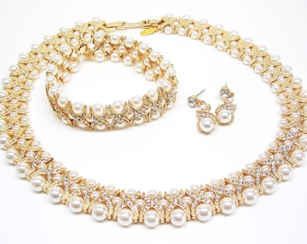 Jackie Kennedy GOUD set nepparel- en kristalketting/armband en oorbellen: 16 inch armband 7 1/2 inch