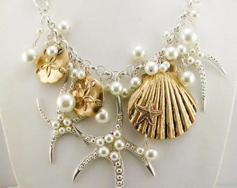 Joan Rivers Faux Pearl Star Fish Necklace  15" 3" extender   gold/ silver tone