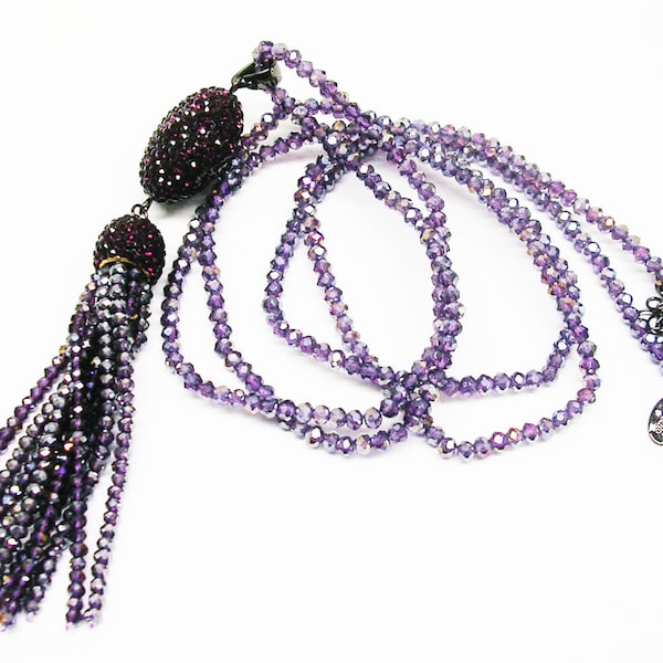 Joan Rivers Seed Bead Tassel  Necklace   34" 3" ext. Pendant is 4"   Purple/Burgundy