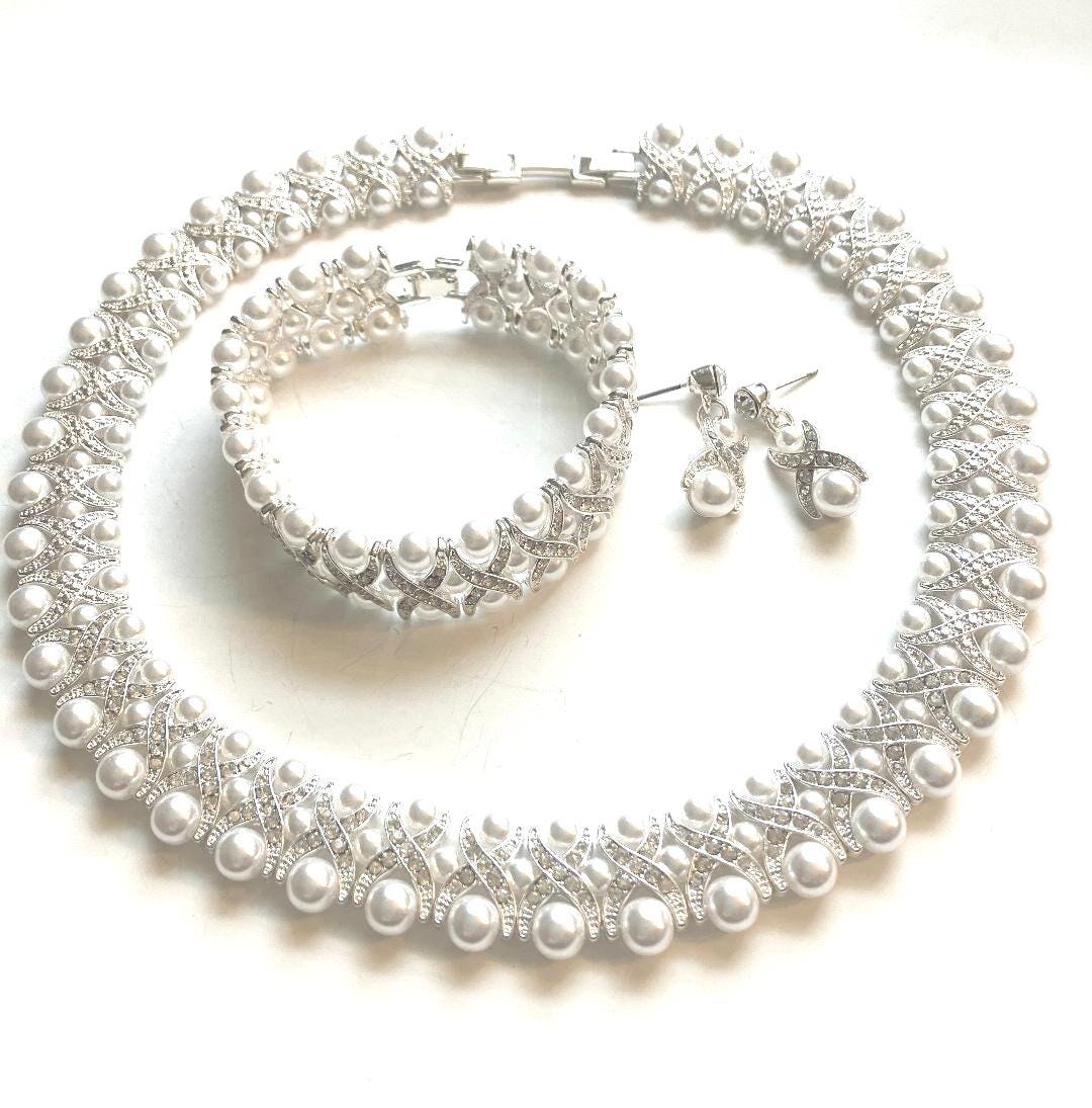 Jackie Kennedy SILVER Faux Pearl Crystal Necklace /bracelet and