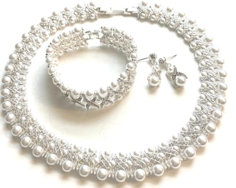 Jackie Kennedy  SILVER Faux Pearl & Crystal Necklace /Bracelet and Earring Set   16" Bracelet 7 1/2"