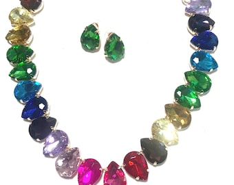Oscar de la Renta Crystal  Necklace  & Earring Set  16"  Ears 3/4"  MULTI