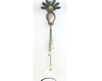 18th century "Antoinettes" long necklace, mother-of-pearl, glass beads, handmade chain in France, CSAntika designer jewel, Bridgerton style