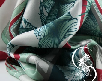 Natural silk twill scarf - "FOUR OCEANS" motif - French craftsman designer scarf - Designed in France - High Quality
