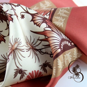 Natural silk twill square - &quot;The enchanted cross&quot; - French craftsman designer scarf - Designed in France - High Quality