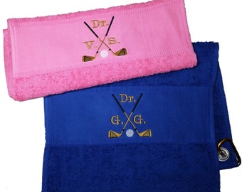 Golf towel golf clubs with initials golden colors