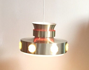 Aluminum danish hanging lamp, aluminum acrylic yellow lens design lamp, Lysker Belysning/Thore style, Modern home, 1960-70s Space Age